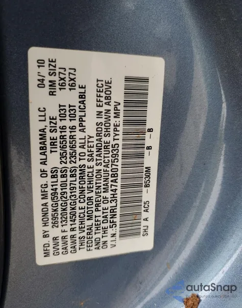 2010 Honda Odyssey Ex from USA, damaged, VIN 5FNRL3H47AB075935